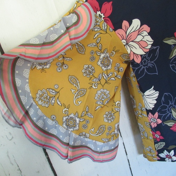 Umgee Top Floral Stripe Ruffle Sleeve Boho Peasant - Picture 3 of 8